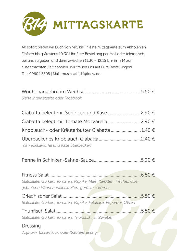 Musik Cafe B14 - Wernberg / Mittagskarte